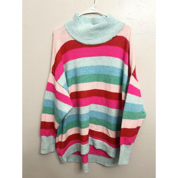 Cabana by Crown & Ivy Striped Pink Balloon Sleeve Pullover Sweater Comfy XL Top - Picture 1 of 9